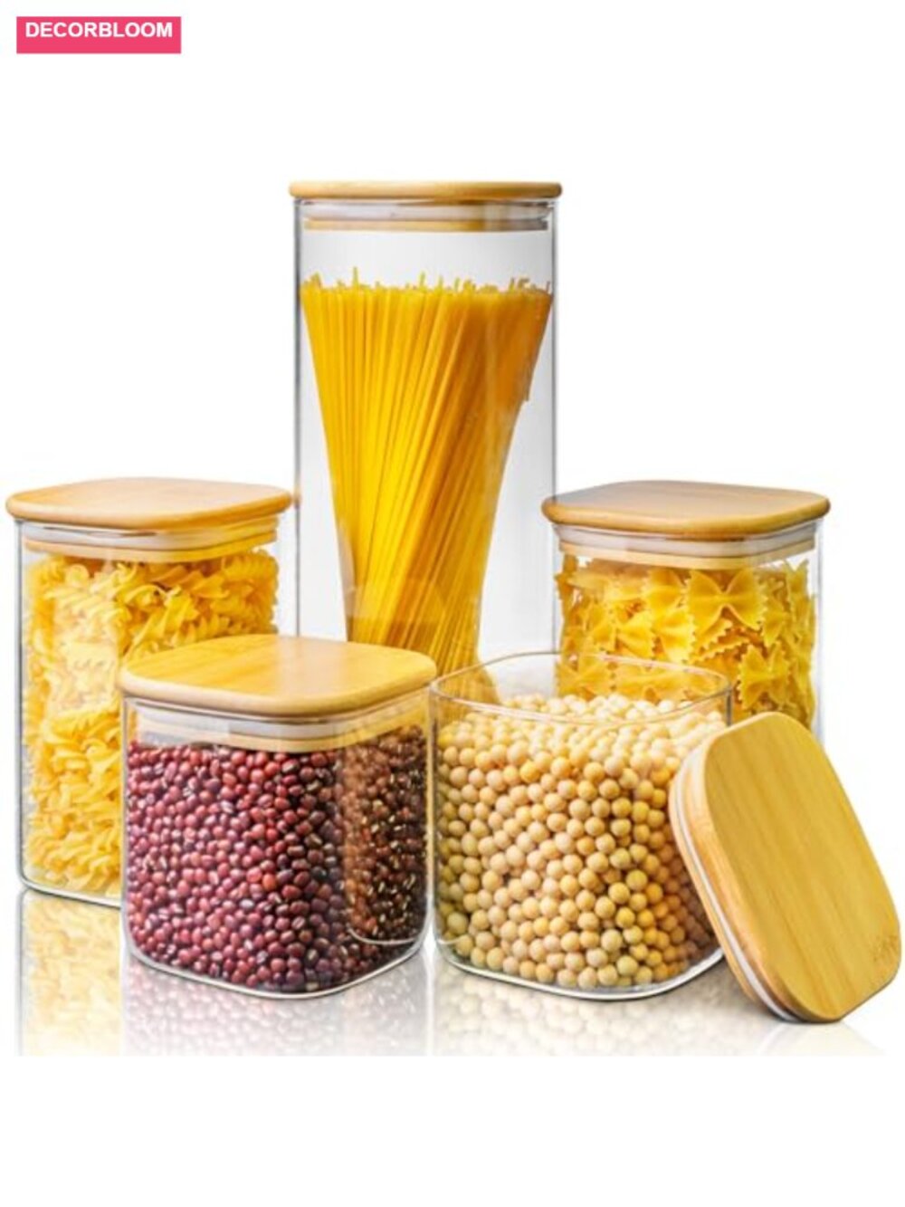 5 Pack Square Glass Jars with Bamboo Lids, Airtight Food Storage Containers